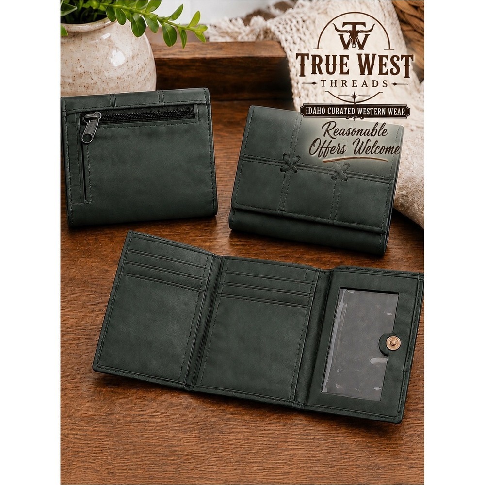 Genuine Leather Dark Green Tri-Fold Wallet Multi Card Organizer Zip Coin Pocket - Picture 5 of 5